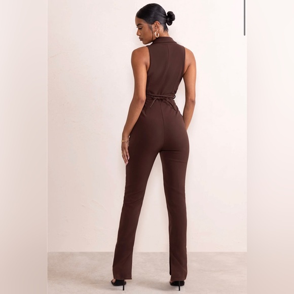 Club l London CHOCOLATE BROWN PLUNGE NECK TAILORED JUMPSUIT WITH TIE DETAIL - Picture 2 of 3